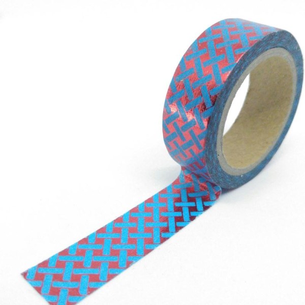 Washi tape brillant effet tissage 6mx15mm bleu et rouge - Photo n°1
