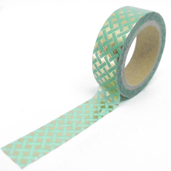 Washi tape brillant effet tissage 6mx15mm vert et or - Photo n°1