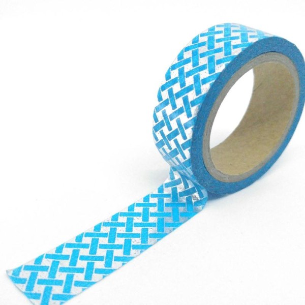 Washi tape brillant effet tissage 6mx15mm bleu et argent - Photo n°1