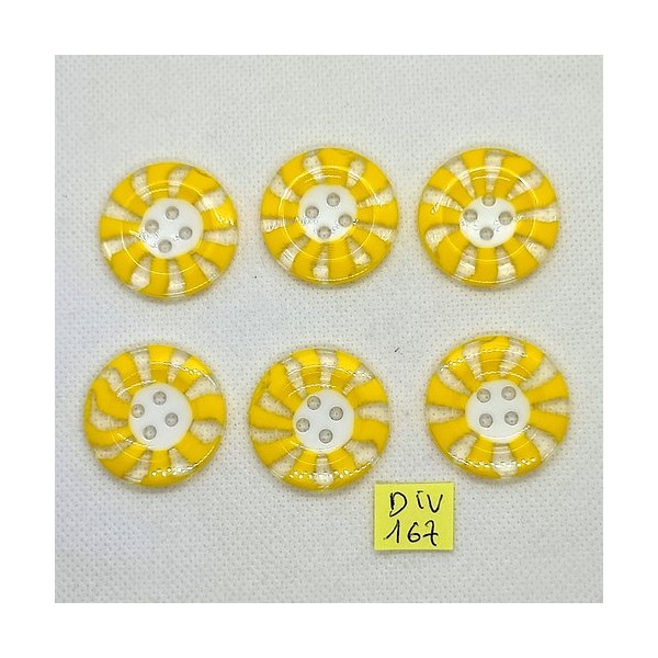 6 boutons en résine jaune blanc et transparent - 30mm - 167DIV - Photo n°1