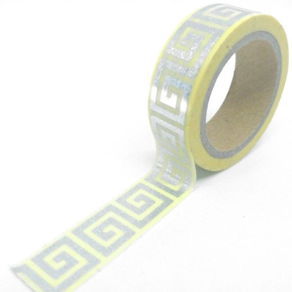 Washi tape brillant vagues grecque 6mx15mm jaune et argent pailleté - Photo n°1