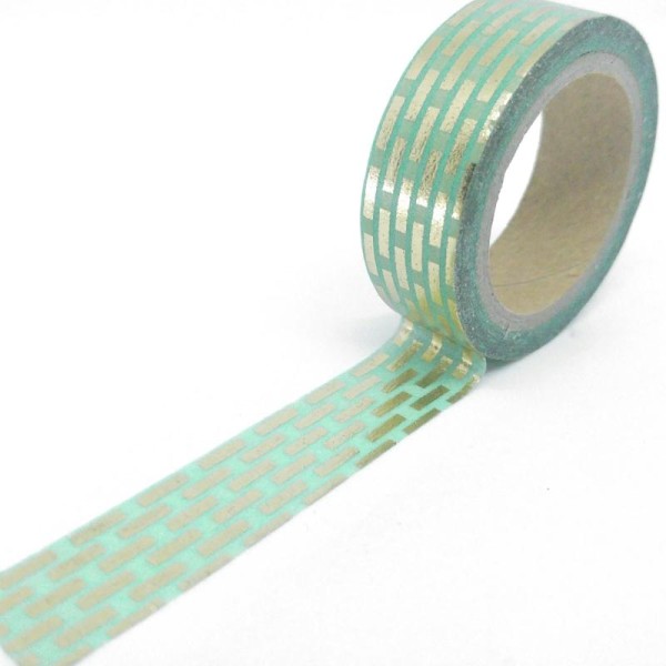 Washi tape brillant briques 6mx15mm vert et or - Photo n°1