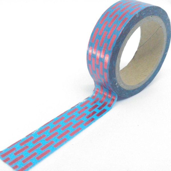 Washi tape brillant briques 6mx15mm bleu et rouge - Photo n°1
