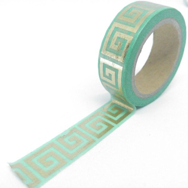 Washi tape brillant vagues grecque 6mx15mm vert et or - Photo n°1