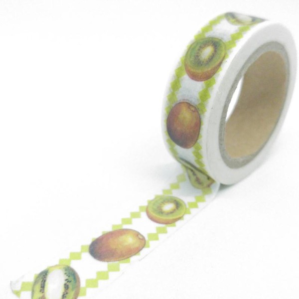 Washi tape gourmand kiwi tranché et frise losange 10mx15mm vert, marron et blanc - Photo n°1