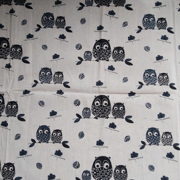 Tissu coton lin patchwork décoration couture 50 x 45 cm CHOUETTE HIBOUX - Photo n°1