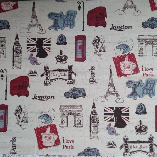 Tissu coton lin patchwork décoration couture 50 x 45 cm VINTAGE PARIS LONDRE - Photo n°1