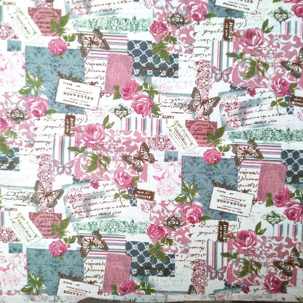 Tissu coton lin patchwork décoration couture 50 x 45 cm ROSE PAPILLON - Photo n°1