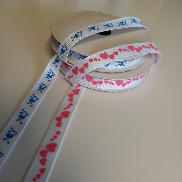 Lot de 2 rubans de 4 mètres blanc, rose et bleu à motif cœur - Photo n°1