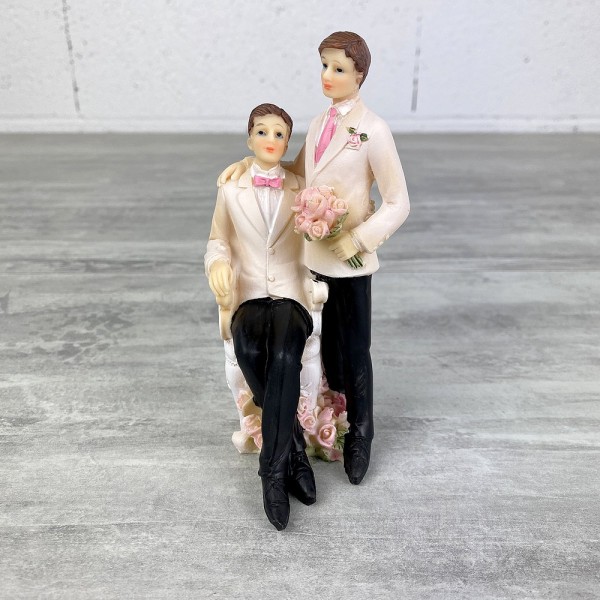 Couple de Mariés Hommes en résine assis, haut. 13 cm, Figurine masculine de mariage gay homosexuel - Photo n°1