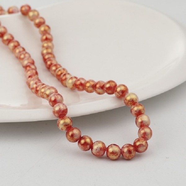 Perles en verre 8 mm doré et rouge x 10 - Photo n°1