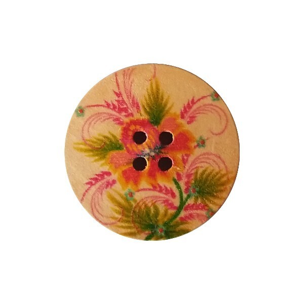 4 boutons rond en bois fantaisies couture scrapbooking 30 mm HIBISCUS FEUILLAGE - Photo n°1
