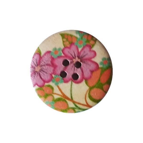 4 boutons rond en bois fantaisies couture scrapbooking 30 mm FLEUR ROSE - Photo n°1