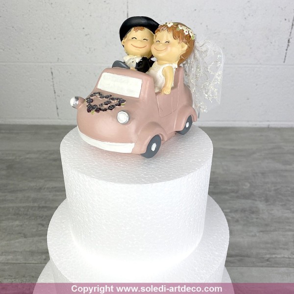 Couple de mariés en résine, cabriolet rose, longueur 13 cm, figurine tirelire voiture mariage Romant - Photo n°2
