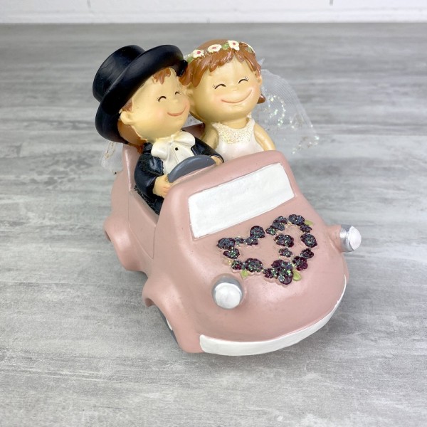 Couple de mariés en résine, cabriolet rose, longueur 13 cm, figurine tirelire voiture mariage Romant - Photo n°3