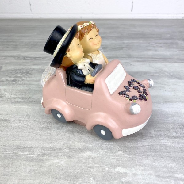 Couple de mariés en résine, cabriolet rose, longueur 13 cm, figurine tirelire voiture mariage Romant - Photo n°4