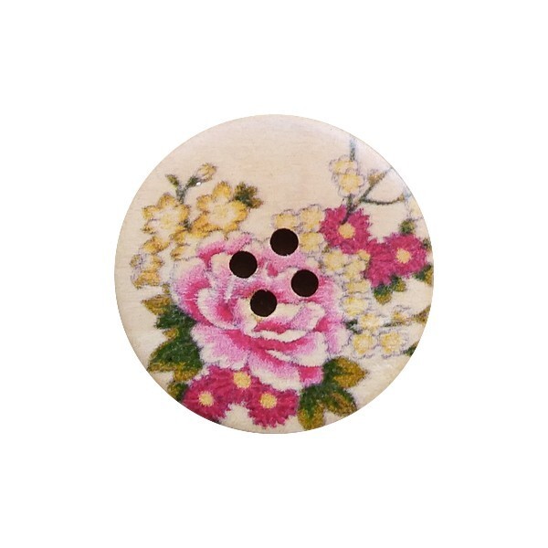 4 boutons rond en bois fantaisies couture scrapbooking 30 mm ROSE FLEUR ROUGE JAUNE - Photo n°1