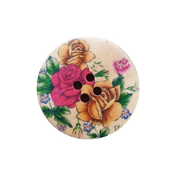 4 boutons rond en bois fantaisies couture scrapbooking 30 mm ROSE ROUGE JAUNE - Photo n°1