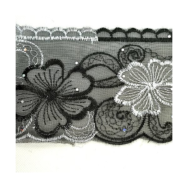 1M de dentelle noir et blanc brillant - polyester - 10,5cm de large - Photo n°1