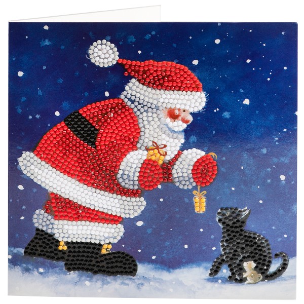 Kit Crystal Art - Carte broderie diamant - Père Noël et chaton - 18 x 18 cm - Photo n°1