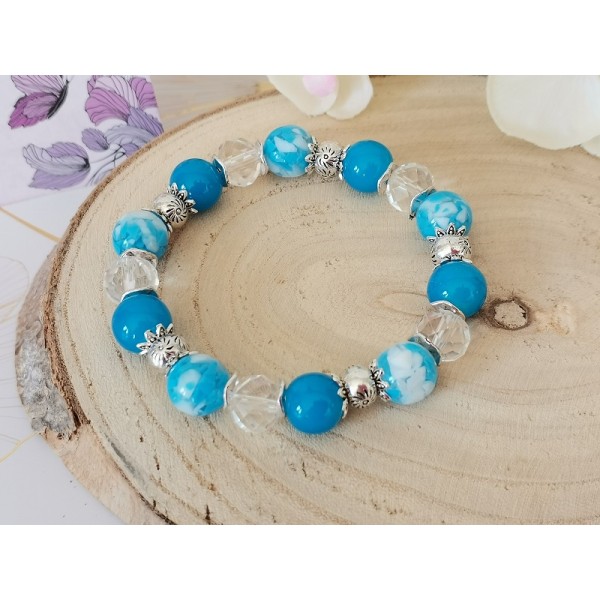 Kit bracelet fil élastique et perles en verre bleu - Photo n°1