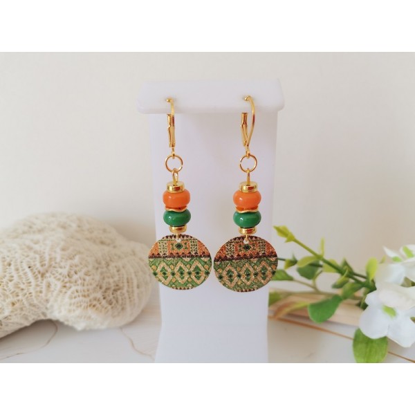 Kit de boucles d'oreilles pendentif et perles colonne vert et orange - Photo n°1