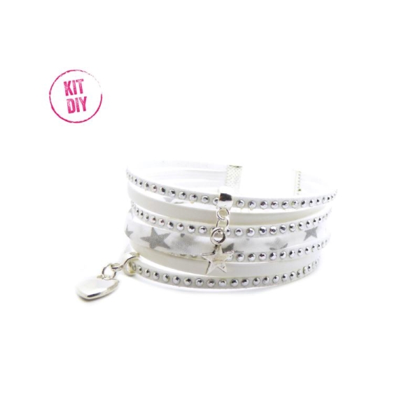 Kit Bracelet suédine strass blanc, cuir blanc, Liberty De Lawn blanc et étoile - 1 pièce - Photo n°1