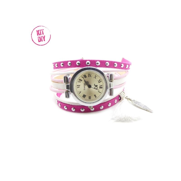 Kit Bracelet montre suédine cloutée fuchsia 5mm, cuir rond rose et blanc, cuir plat blanc - 1 pièce. - Photo n°1