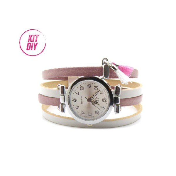 Kit Bracelet montre cuir vieux rose et blanc, pompon, fermoir magnétique métal zamak - 1 pièce. - Photo n°1