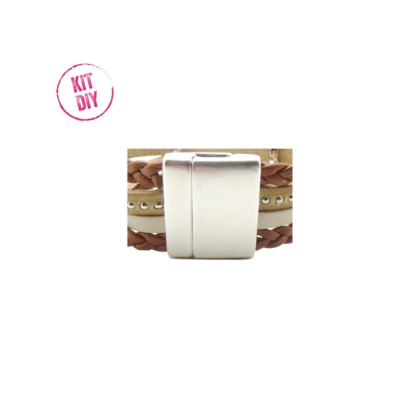 Kit bracelet montre cuir chaîne bille naturel, cuir tressé marron, cuir beige - 1 pièce. - Photo n°2
