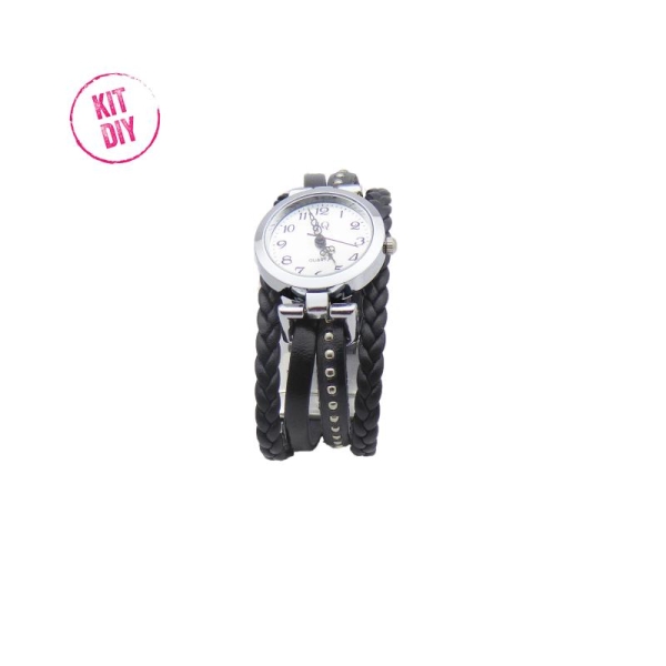 Kit bracelet montre cuir chaîne bille noir, cuir tressé noir, cuir noir - 1 pièce. - Photo n°1