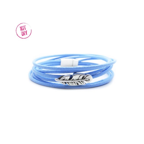 Kit bracelet cuir rond 2mm bleu clair avec passant plume et fermoir magnétique  - 1 pièce - Photo n°1