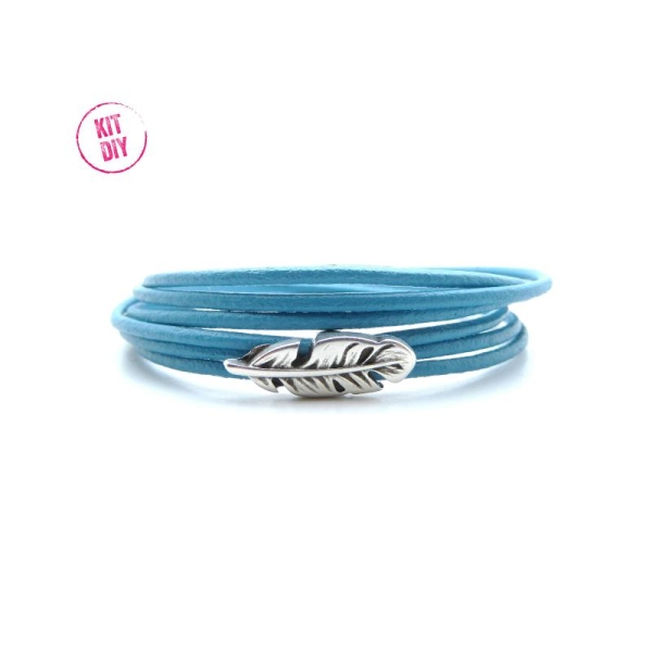 Kit bracelet cuir rond 2mm bleu turquoise avec passant plume et fermoir magnétique  - 1 pièce - Photo n°1