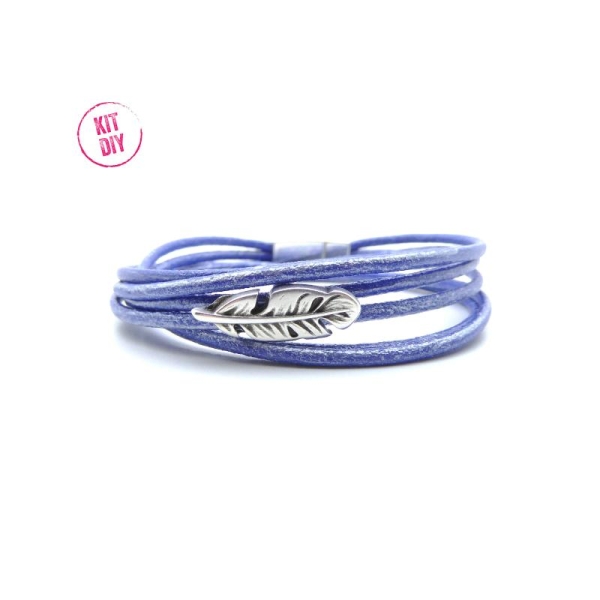 Kit bracelet cuir rond 2mm bleu royal avec passant plume et fermoir magnétique  - 1 pièce - Photo n°1