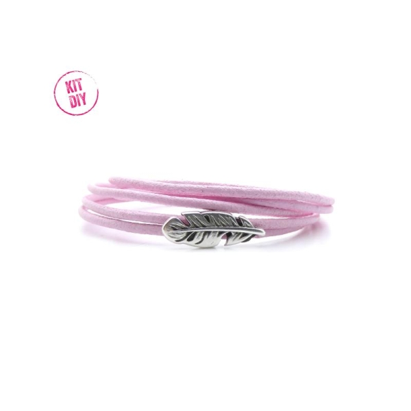 Kit bracelet cuir rond 2mm rose bébé avec passant plume et fermoir magnétique  - 1 pièce - Photo n°1