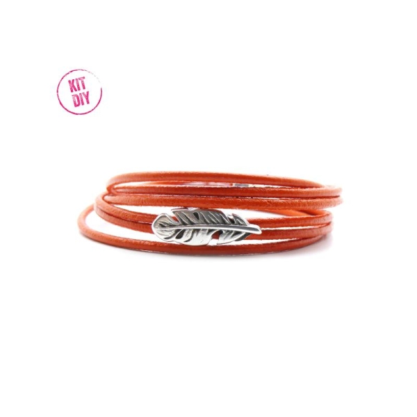 Kit bracelet cuir rond 2mm orange avec passant plume et fermoir magnétique  - 1 pièce - Photo n°1