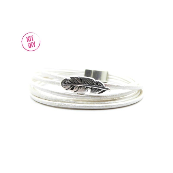 Kit bracelet cuir rond 2mm blanc nacré avec passant plume et fermoir magnétique  - 1 pièce - Photo n°1
