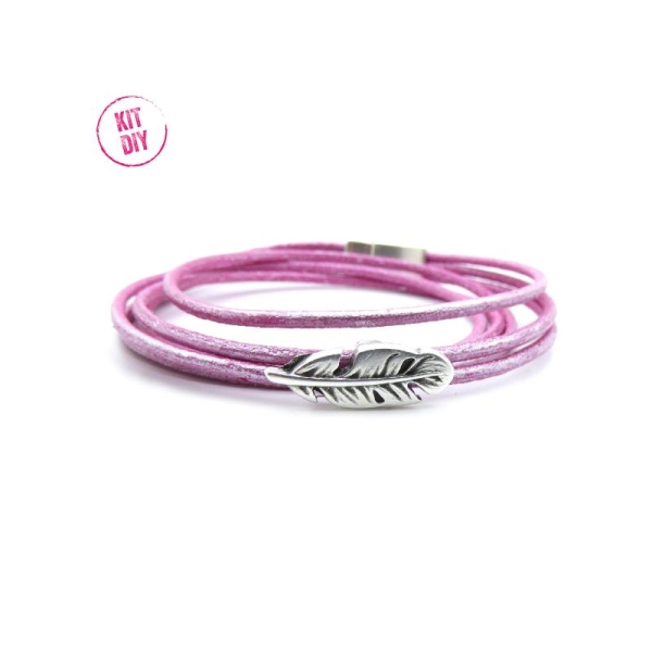 Kit bracelet cuir rond 2mm rose métallisé avec passant plume et fermoir magnétique  - 1 pièce - Photo n°1