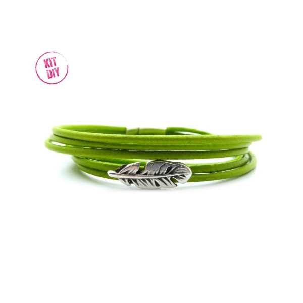 Kit bracelet cuir rond 2mm vert pistache avec passant plume et fermoir magnétique  - 1 pièce - Photo n°1