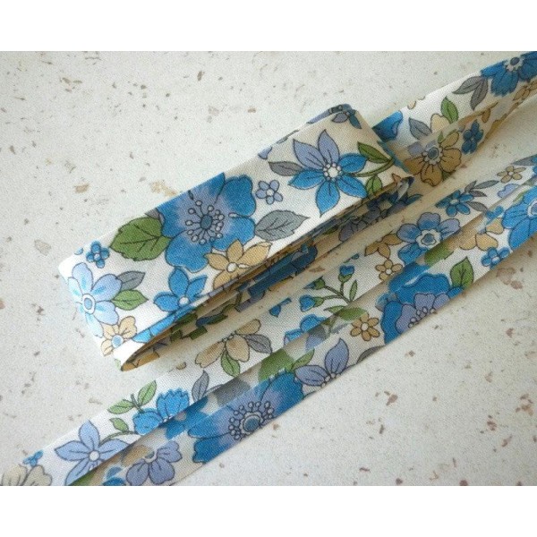 Biais 20 mm liberty grande fleur bleu crème FrouFrou voile coton japonais fin - Au mètre - Photo n°1