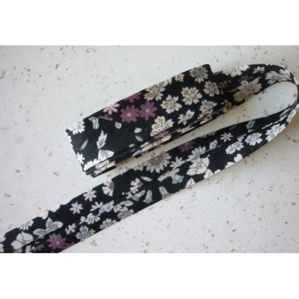 Biais 20 mm noir fleur liberty voile coton japonais - Froufrou - Au mètre - Photo n°1