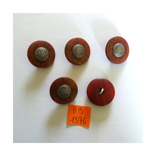 5 boutons en résine marron et argenté - 24mm - AB1576 - Photo n°1
