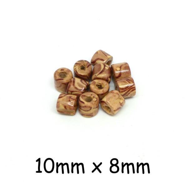 30 Perles Tube En Bois Peint Marbré - Cylindre 10mmx8 Mm - Photo n°1