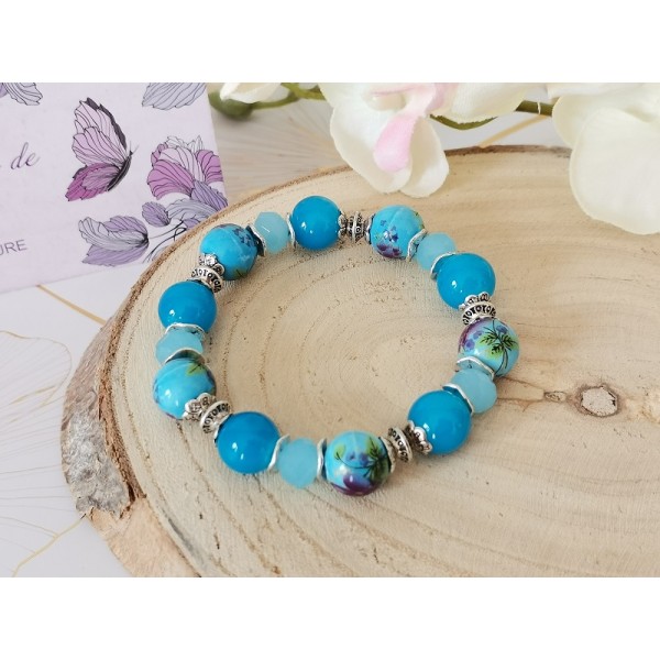 Kit bracelet fil élastique et perles porcelaine bleues - Photo n°1