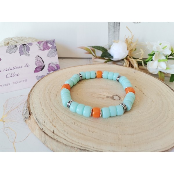 Kit bracelet perles en verre colonne bleu clair et orange - Photo n°1