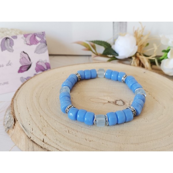 Kit bracelet perles en verre colonne bleu azur et transparente - Photo n°1