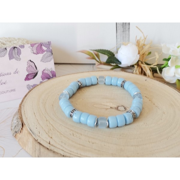 Kit bracelet perles en verre colonne bleu ciel et transparente - Photo n°1