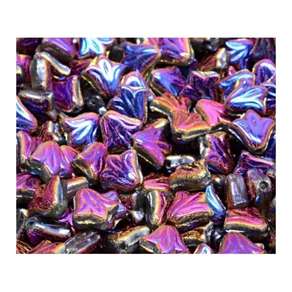 14Pcs Vitrail métallique dichroïque violet bleu plat Tulip Bell Lily Flower Blancs de verre tchèque - Photo n°1
