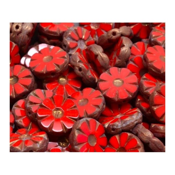 8pcs Patine de Bronze Fleur de Table Rouge Coupée Perles de Fleur de Pièce Plate Perles de Verre Tch - Photo n°1