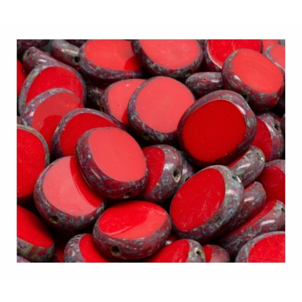 6pcs Picasso Opaque Red Flatl Table de fenêtre Cut Ova Beads Boules de verre tchèque 14mm x 12mm - Photo n°1